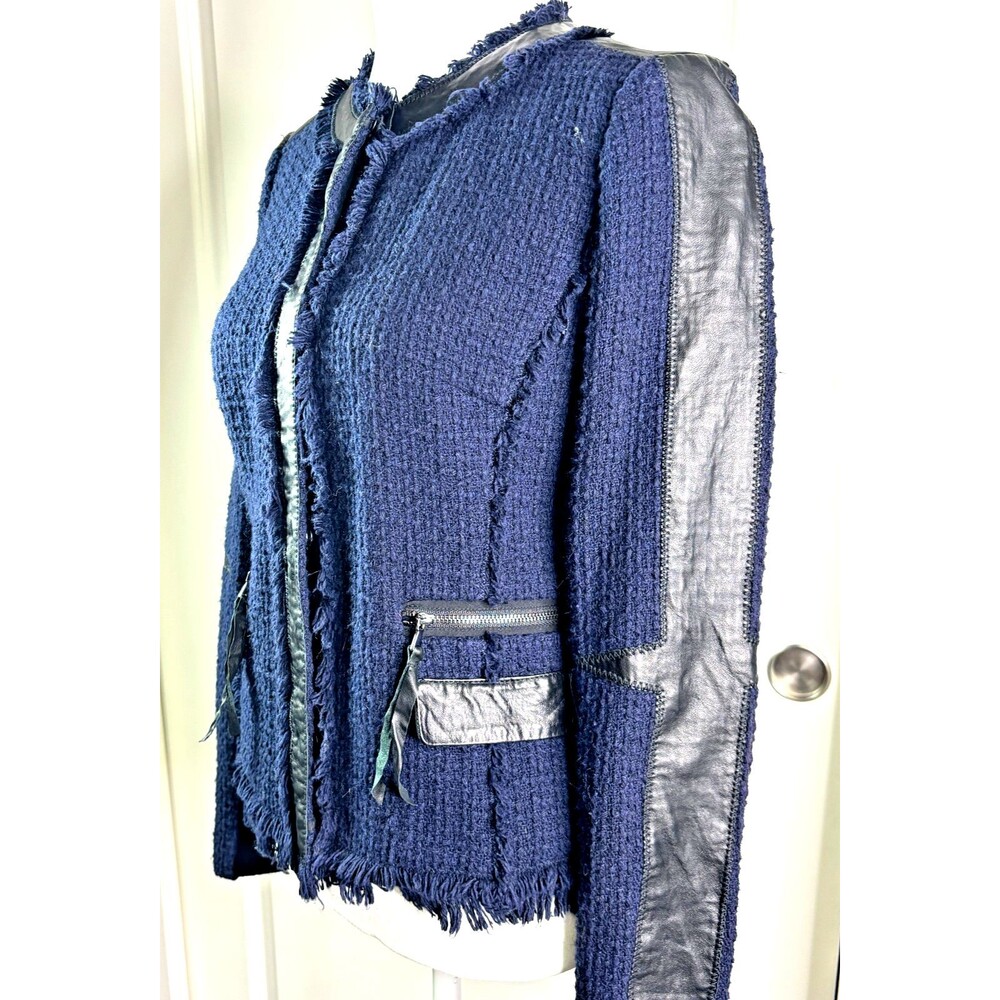 REBECCA TAYLOR Boucle Fringe Blazer SIZE 4 Navy Blue Black Leather Trim Coat EUC - Picture 5 of 16